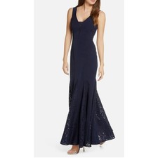 Eliza J Laguna Gown Women’s 4 Navy Blue Crepe Lace Inset Mermaid Trumpet Dress