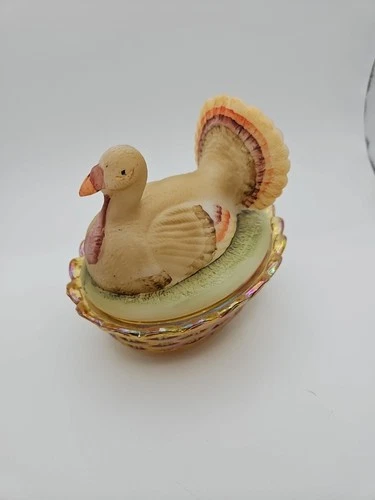 Fenton Glass ~ Turkey / Hen on Nest / Basket ~ Hand Painted by Debbie Cutshaw