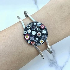 Vintage Millefiori Glass Mosaic Hinged Bracelet Black Colorful Murano Style