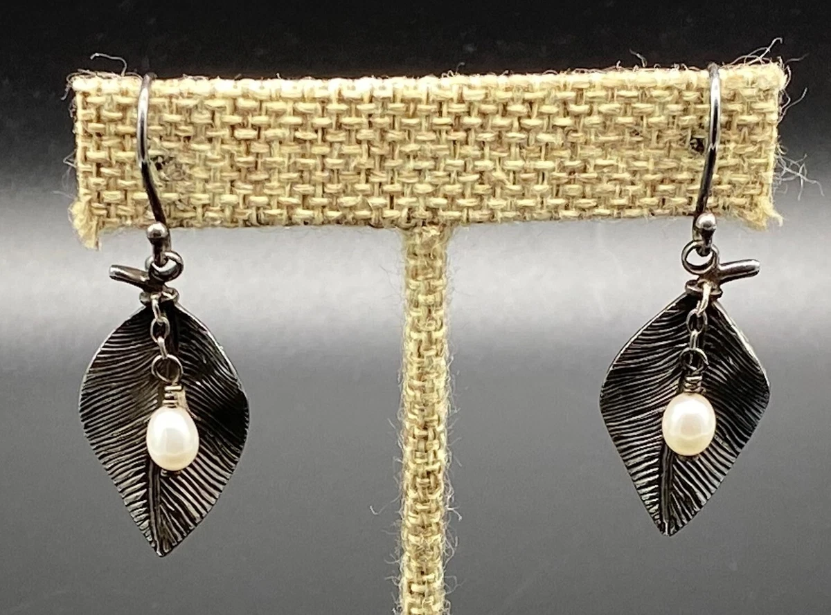 SILPADA Sterling Silver Oxidized Textured Leaf Pearl Dangle