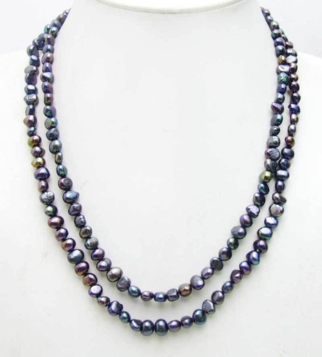 Baroque 4-6mm Natural FW Black Pearl Necklace 3 Strands 40" Combination 18" Set - Picture 5 of 7