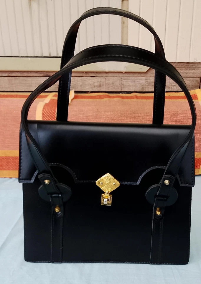 Ancien sac à main cuir noir vintage véritable années 1960 rigide comme neuf ! - Photo 3/4