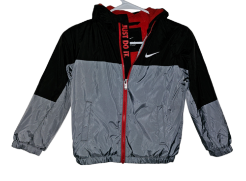 Nike Swoosh Puffer Hooded Coat Jacket Toddler Black Grey Red 6 Med. NWT