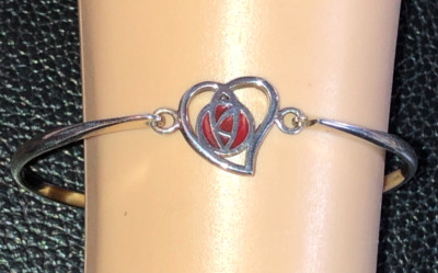 Vintage Sterling Silber Armreif Armband Herz Rose Rot Emaille Haken 7,2'' 9g 925 3226