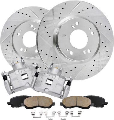 Front Drilled Rotors Calipers Brake Pads for 2007-14 Dodge Caliber Jeep Patriot