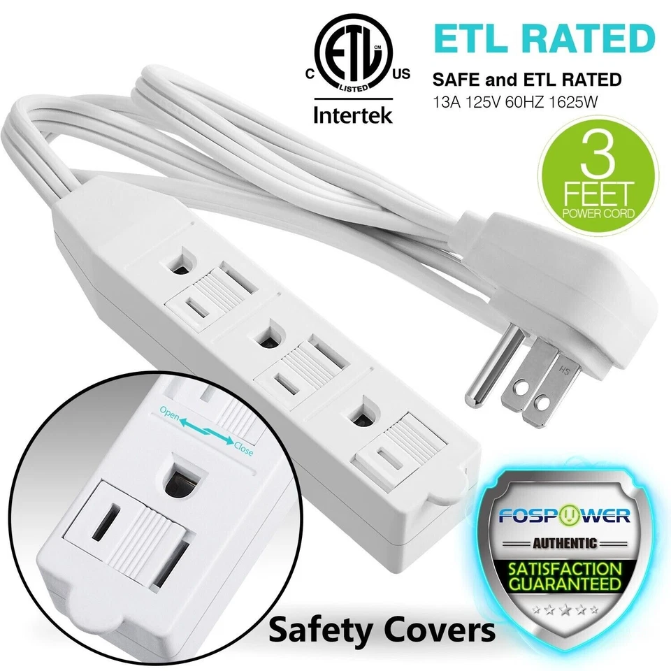 3 Outlet Wall Tap Power Strip Adapter Flat Plug Safety Cover Extension Cord 3FT