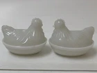 RARE PAIR VINTAGE Milk Glass Hen On Nest Covered Candy Dish