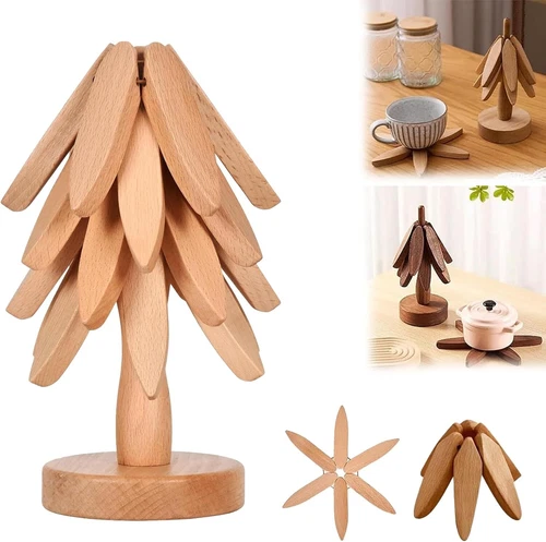 Tree Shape Wooden Trivets for Hot Dishes Pot Teapot - 3 Wooden Trivet + 1 Stand - Picture 3 of 12