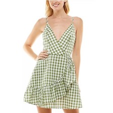 SPEECHLESS Juniors' Gingham Cotton Faux-Wrap Dress Olive White L