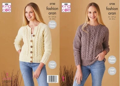 King Cole Fashion Aran Knitting Pattern - 5720 Ladies Sweater & Cardigan
