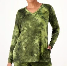 LOGO Lounge by Lori Goldstein 4X Green Brushed Tie-Dye V-Neck Long Sleeve Top