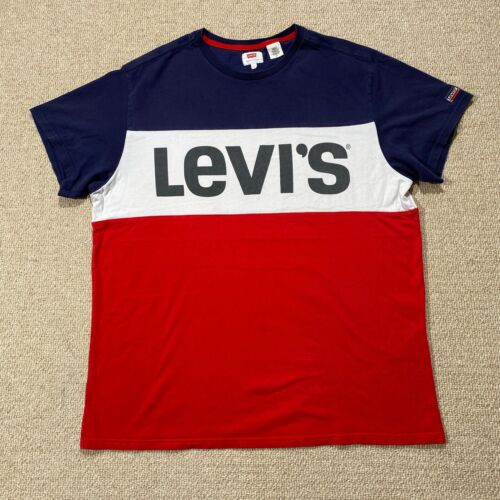 Levis T Shirt Mens Large Blue White Red Tab Colourblock Panel Spell Out Tee - Picture 1 of 9