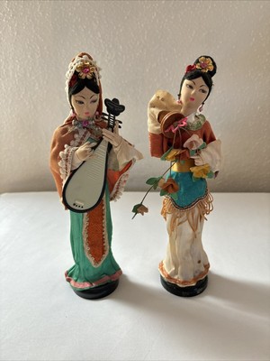 2 Vtg Handmade 10 inch Asian Figures Fabric Hands and Faces with Wood Base