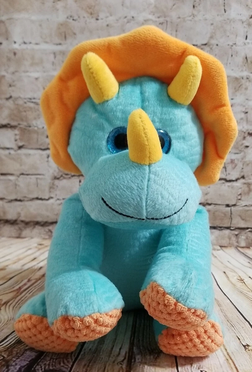 HugFun Sitting Triceratops Dinosaur Plush Stuffed Animal Toy Teal Blue Orange