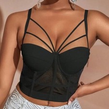 Ladies hollow out spaghetti strap open back bustier cropped cami club corset bra