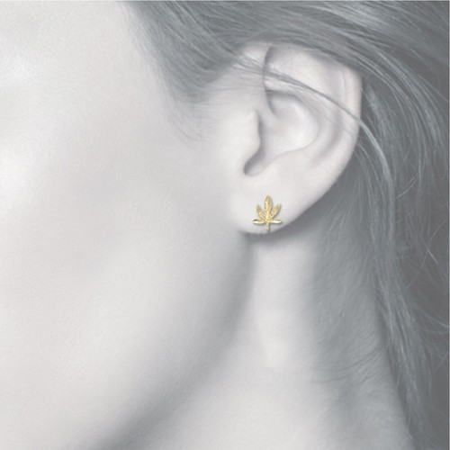 14K Solid Yellow Gold Marijuana Leaf Stud Earrings - Cannabis Weed Pot Men Women - Picture 2 of 4
