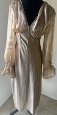 Elegant Satin Maxi Stretch Dress Deep V Knot Front Flounce Sleeve Evening Gown