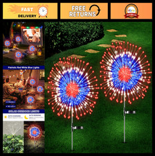4th of July Outdoor Solar Lights - 2 Pack Red White Blue Fairy Lights, 180 LED,