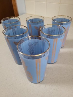 6 Vintage Blue Thai Siam Goddess Federal Culver Drinking Glasses 