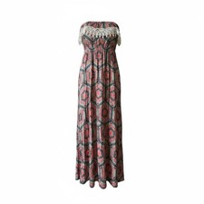 Boho Off Shoulder Maxi Dress XL Coral Navy Mint Mandala Print Crochet Lace
