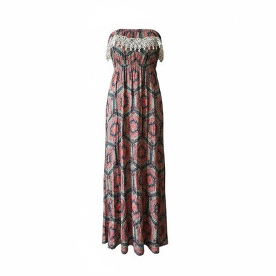 Boho Off Shoulder Maxi Dress XL Coral Navy Mint Mandala Print Crochet Lace