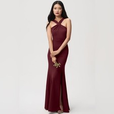 Jenny Yoo Collection – Long Bridesmaid Dress Kayleigh- Burgundy Halter Gown – 10