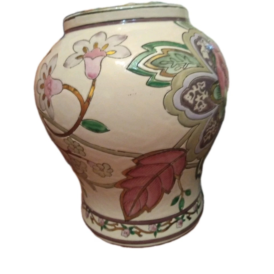 装饰花瓶签名 8 英寸亚洲东方浮雕花卉中国风 — 第 3/4 张图片