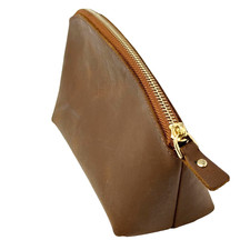 Brown Leather Zipper Pouch Cosmetic Toiletry Travel Organizer Makeup Bag