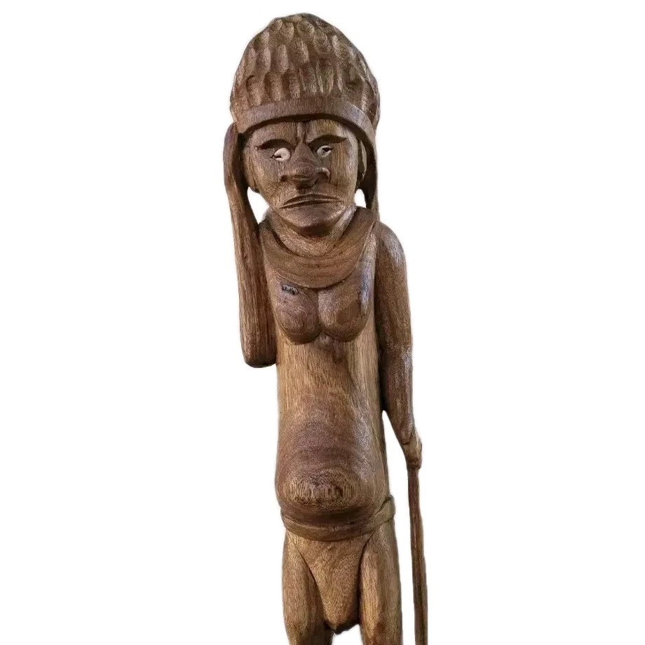 Vtg Hand Carved Wood Pacific Island Statue Figurine Papua New Guinea Shell Eyes - image 2 of 4