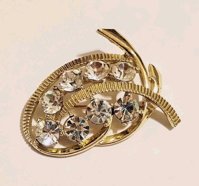 Vtg Signed Kramer Rhinestone Brooch Large Gold Tone Leaf Mid Century Jewelry 