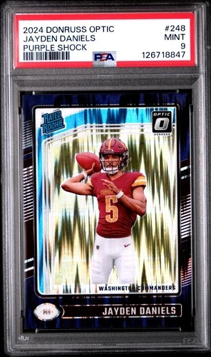 JAYDEN DANIELS 2024 DONRUSS OPTIC RATED ROOKIE PURPLE SHOCK RC PSA 9