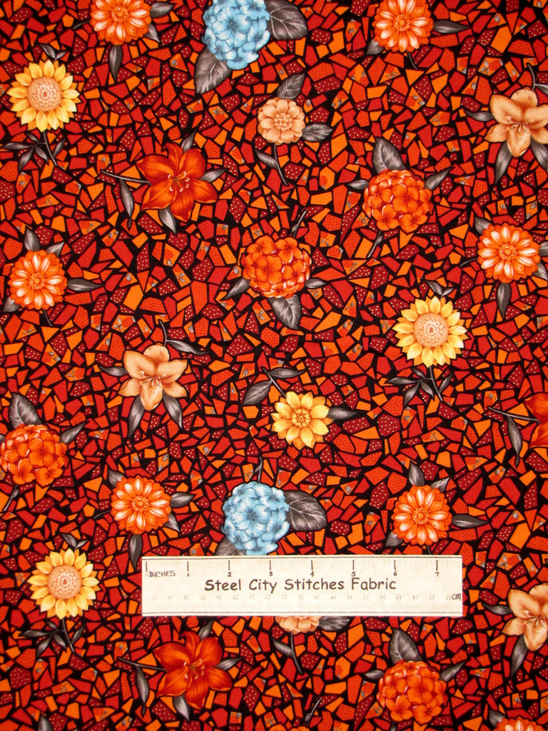 Mosaic Rust Orange Yellow Flowers Floral M4486 Blank Textiles