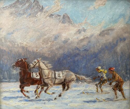 Tableau ancien  Paysage Montagne ski à cheval  peinture signée Franz Hiel-Merre - Photo 1/10