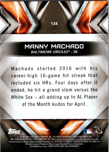 2017 Topps Fire#134Manny Machado - Picture 2 of 2