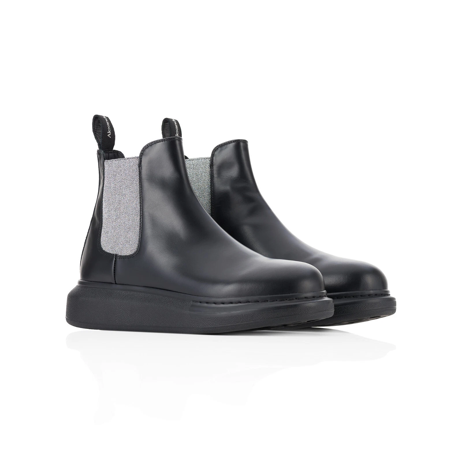 Alexander McQueen Stivali Chelsea Pelle nera argento ibrido IT39.5 UK6.5