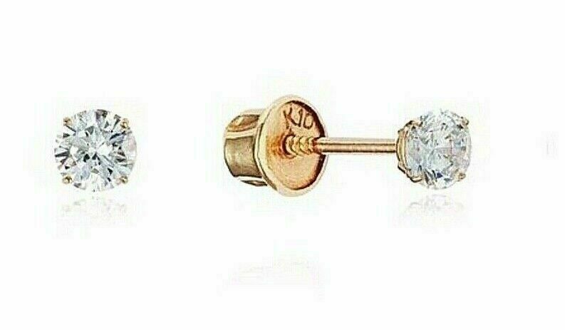 Genuine Round Prong Diamond Stud Screw Back Earrings - Solid 10k Yellow gold
