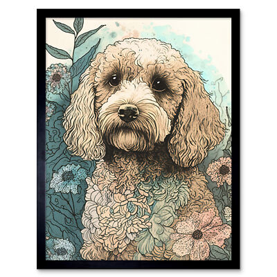 Cockapoo Dog Wildflower Field Watercolour Framed Wall Art Picture Print 9X7 In