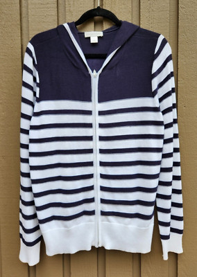 C J Bank Cardigan Sweater Zip Front Hoodie Navy White Stripe Cotton Womens Large