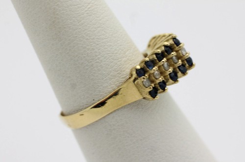 14k Yellow Gold YG Classic Tiered Simulated Sapphire & Diamond Ring Sz 7 GG865 - Picture 2 of 4