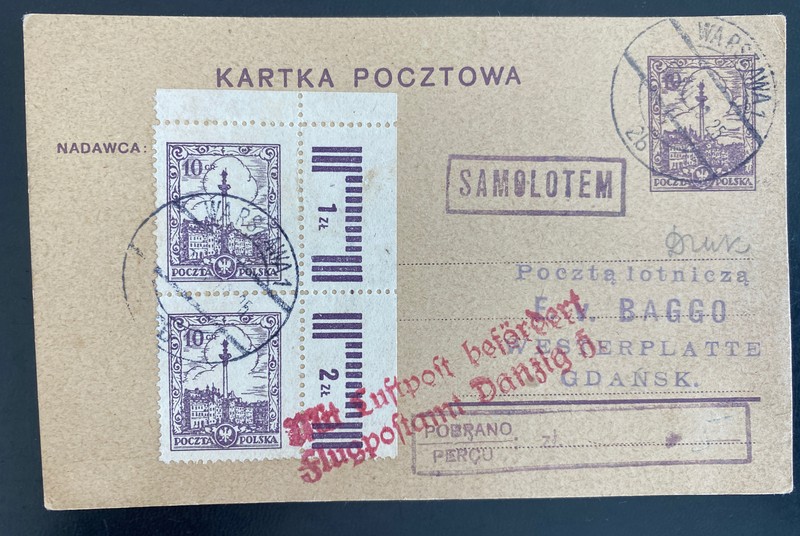 1919 Warsaw Poland Stationery Postcard Cover To Gdansk LOT Airline