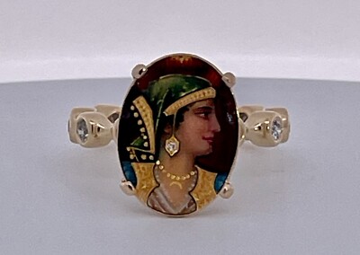 Emaille Faced Portrait of Athena Ring 14K