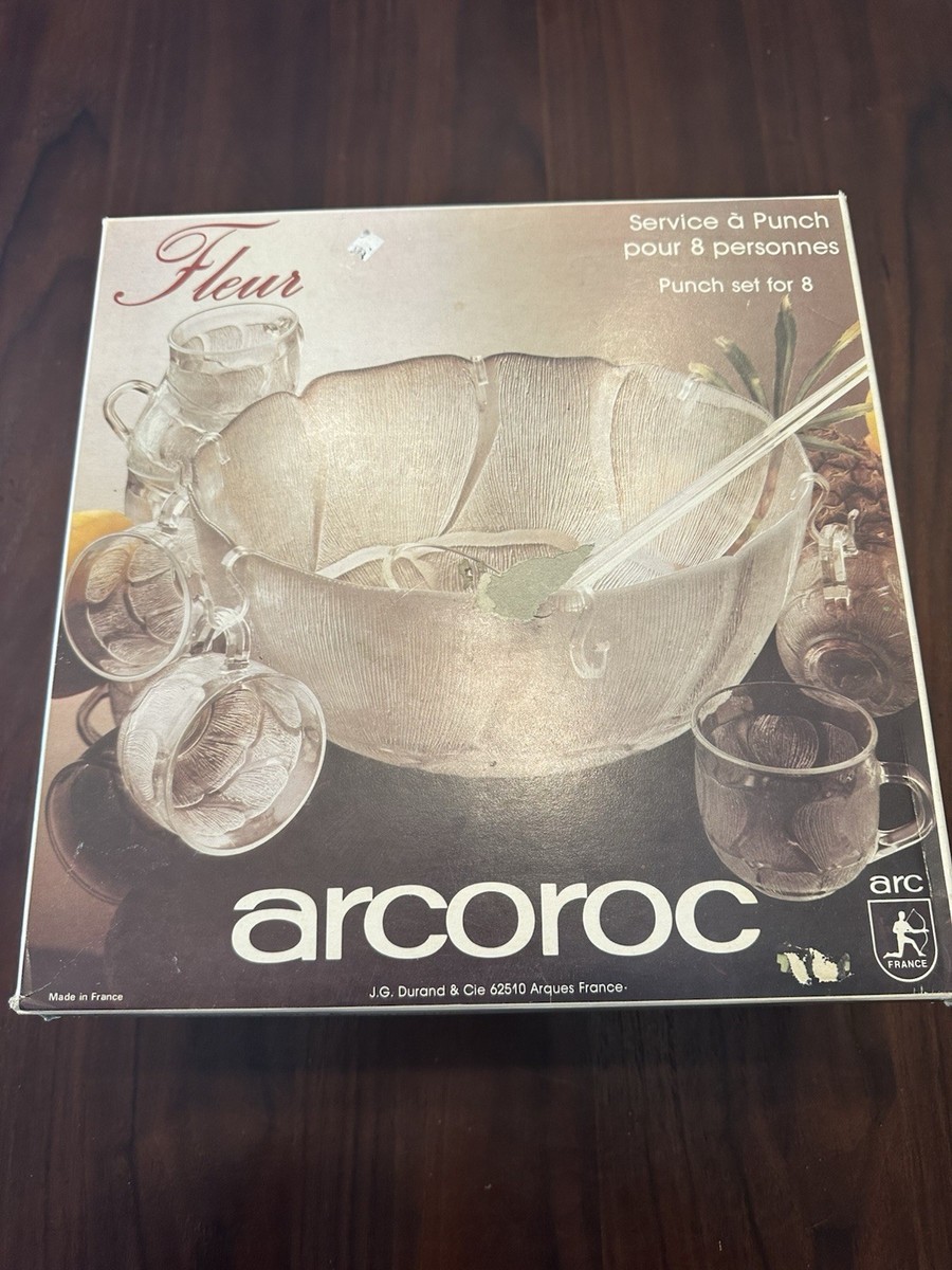 Vintage Punch Bowl Set 8 Cups Glasses Arcoroc France Fleur Boxed