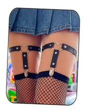 Heart Leather Leg Garters Belt with Clip Adjustable Thigh Harness, Punk 2 Black