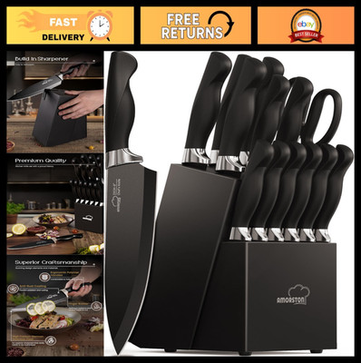 15-Piece Kitchen Knife Set with Block, German Stainless Steel, Dishwasher Safe,