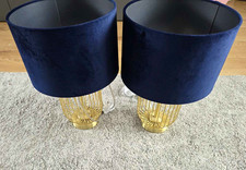 M&S Lamps Blue Drum Fabric Shades Gold Metallic Wire Bases(pair)