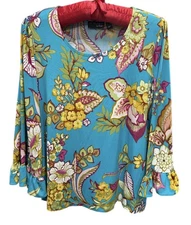 Attitudes by Renée Women's XL Floral Top Teal Boho Tunic Ruffle Sleeves