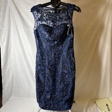 NEW Sue Wong Nocturne Blue Gown Sequins/Beads iIllusion Sheath Dress Sz 8 Formal