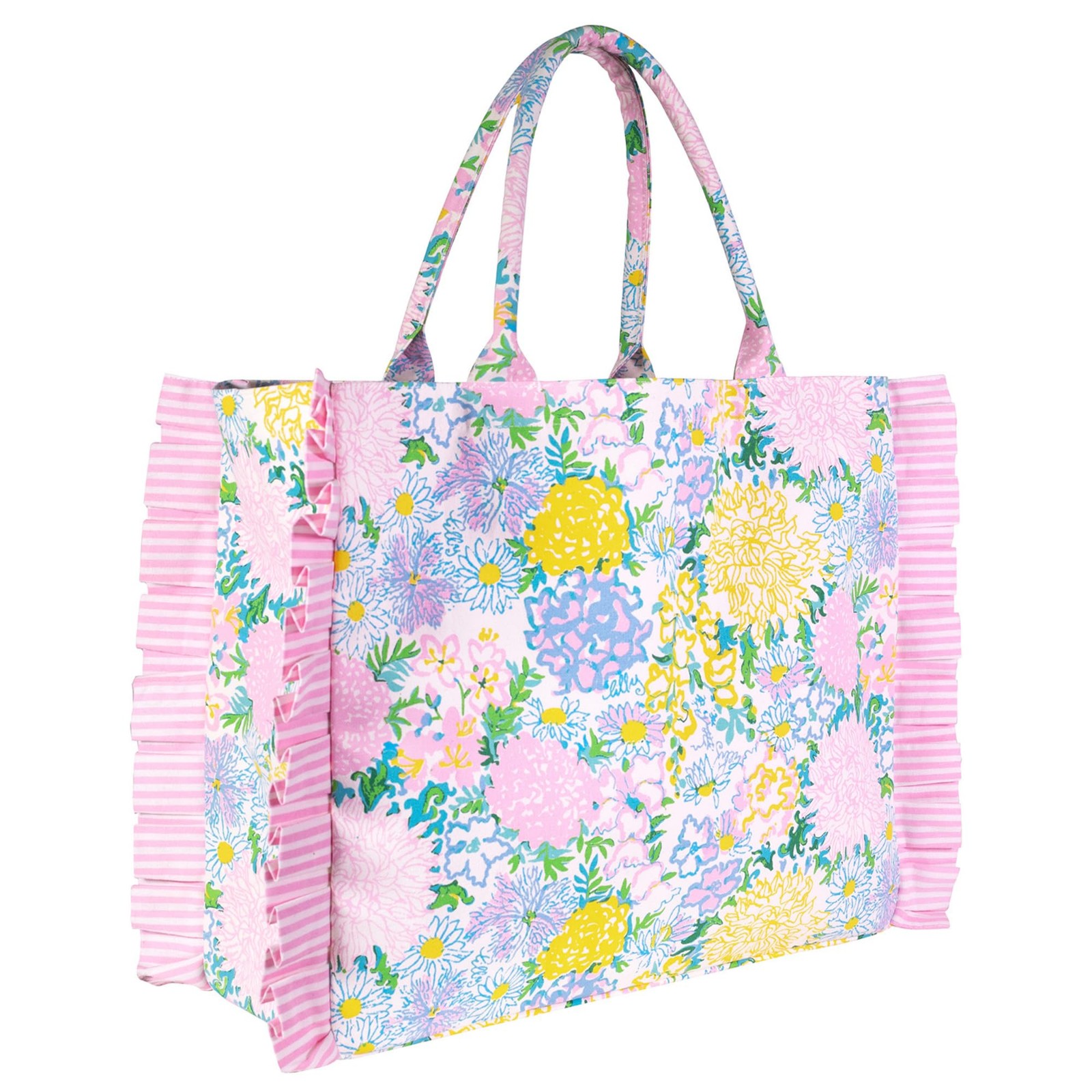 Ruffle Tote Bag, Cotton Canvas Shoulder Tote with Ruffle Detail, Flat Base, D...