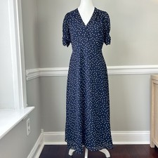 DKNY Women's Navy Polka Dot Chiffon MIDI Dress Size 6 Short Ruched Sleeve V Neck