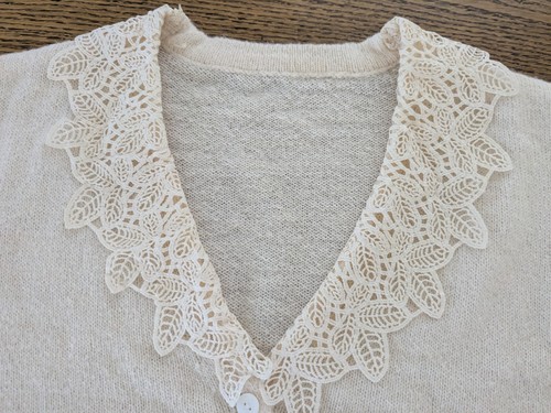 Women’s Orange Knit Cardigan Sweater M Solid V-Neck Lace Accents .